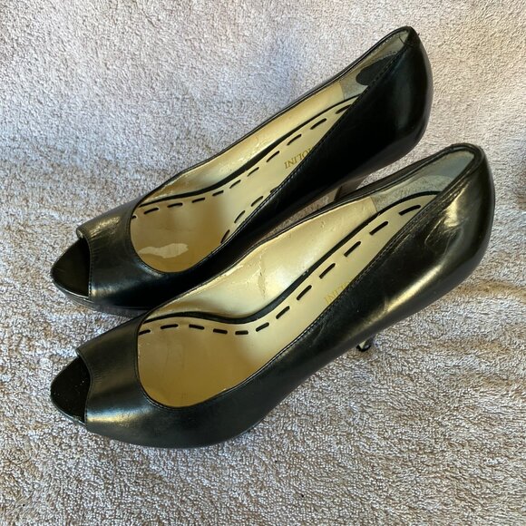 Enzo Angiolini Black Leather Peep Toe Heels Size 8M Classic Pumps - Picture 1 of 8